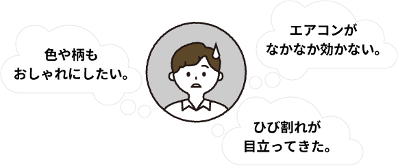 エアコンがなかなか効かない。ひび割れが目立ってきた。色や柄もおしゃれにしたい。